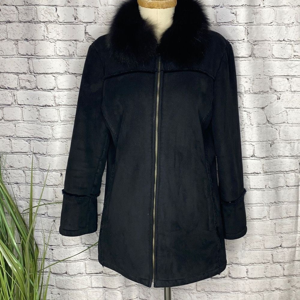 Wilson's Leather Faux Suede Real Fox Fur Removable Collar Zip-Up Jacket Coat Bla